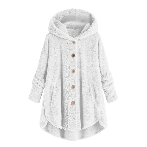 thefmos Women Plus Size Fall Winter Fleece Hooded Coat Button Down Curved Hem Casual Loose Jacket Cozy Outwear, White 2XL