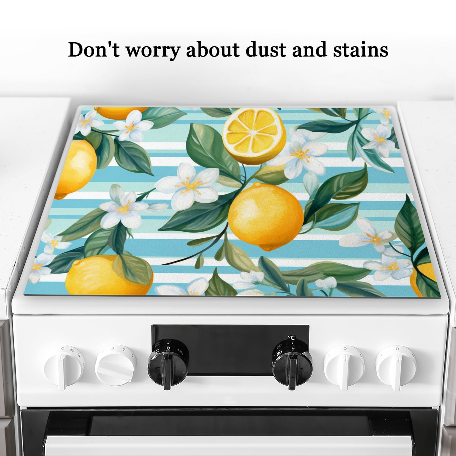 Decorative Stove Top Covers, Fruit Lemon and Flowers, Heat Resistant Ceramic Cooktop Cover, Glass Induction Cooktop Protector mat, Non-slip Foldable Decoration pad for Kitchen RV (28×20 Inch)