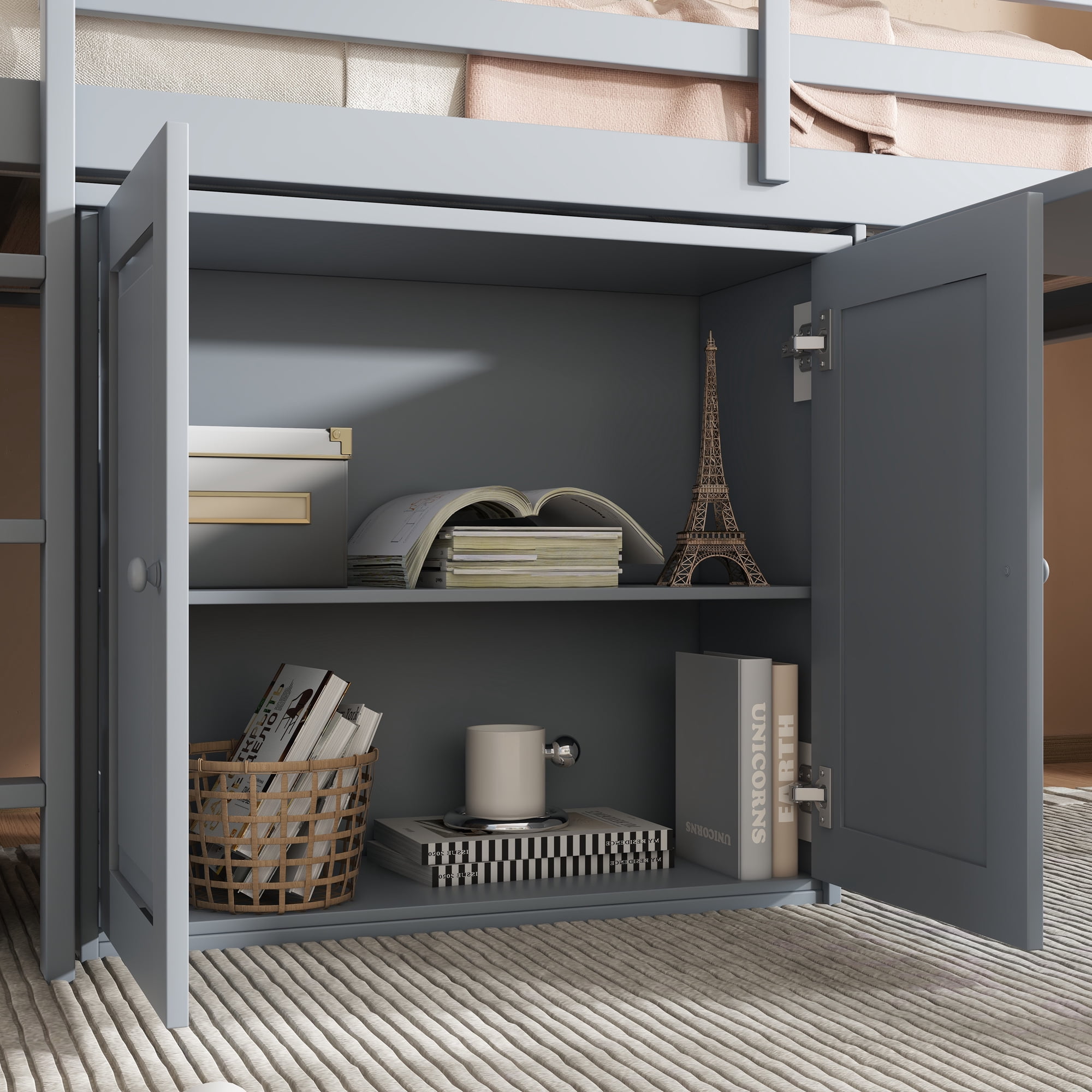 Sailvan Twin Loft Bed with Storage Cabinet, Drawer and Shelf Cabinet and Pulling-Out Desk