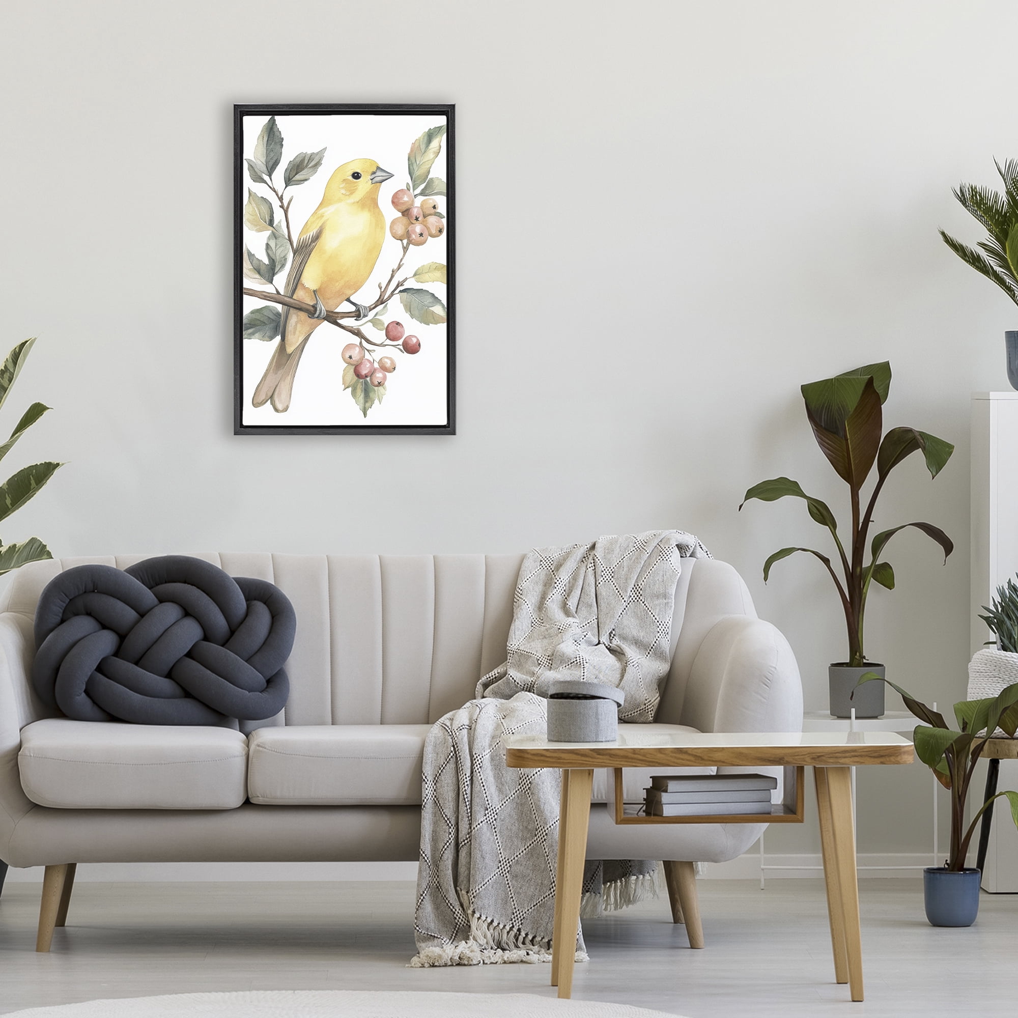 Stupell Industries Sun Lit Bird on Branch Black Framed Floater Canvas Wall Art, design by Petal Prints Design