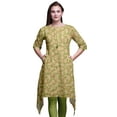 thumbnail image 1 of Bimba Green Autumn Leaves Asymmetric Kurta Indian Tunic Tops For Women Printed Indian Clothing Large, 1 of 6