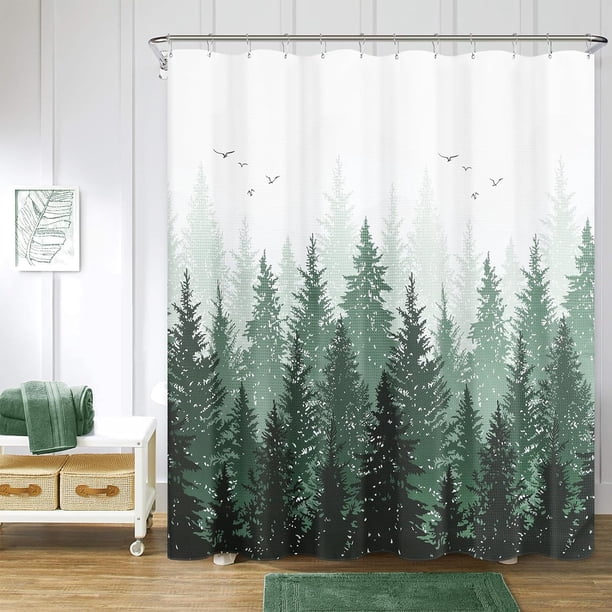 Cortinas de ducha de tela verde oscuro con diseño de bosque brumoso, montaña, naturaleza, árbol, para baño, impermeables, resistentes, verdes y blancas, para bañeras, hoteles, 72 x 72 pulgadas