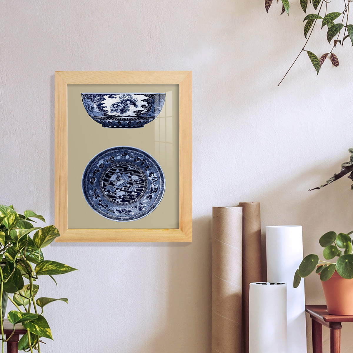 Porcelain in Blue and White I -Framed Print w/glass-Natural Wood