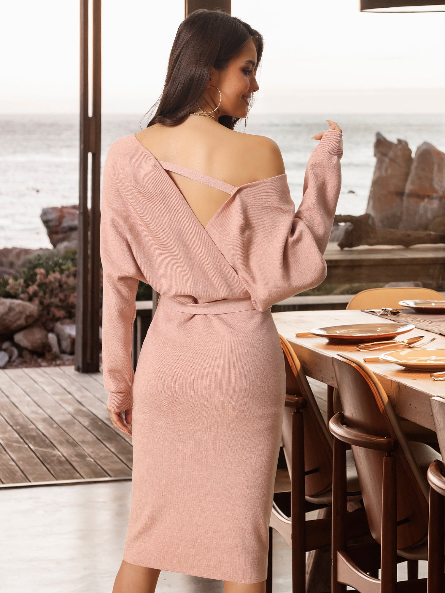 DARING DIVA Women's Deep V Neck Wrap Lantern Sleeve Belted Mini Sweater Dress M Pink