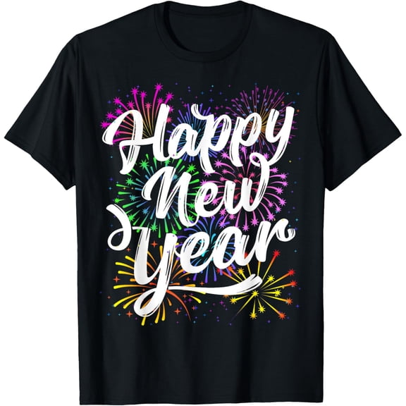 Happy New Year Party Supplies 2025 Family Matching Fireworks T-ShirtMen and women, Black T-shirt, size: Extra large S-4XL