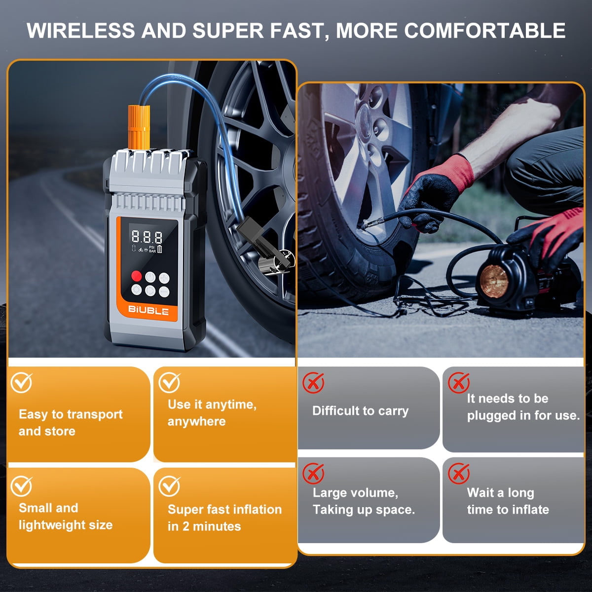 BIUBLE Portable Car Jump Starter with Air Compressor, 8000A Peak 12V Jump Box Car Battery Jumper Starter(All Gas/10.0L Diesel), 150PSI Digital Tire Inflator, LED Emergency, USB Cable, Emergency