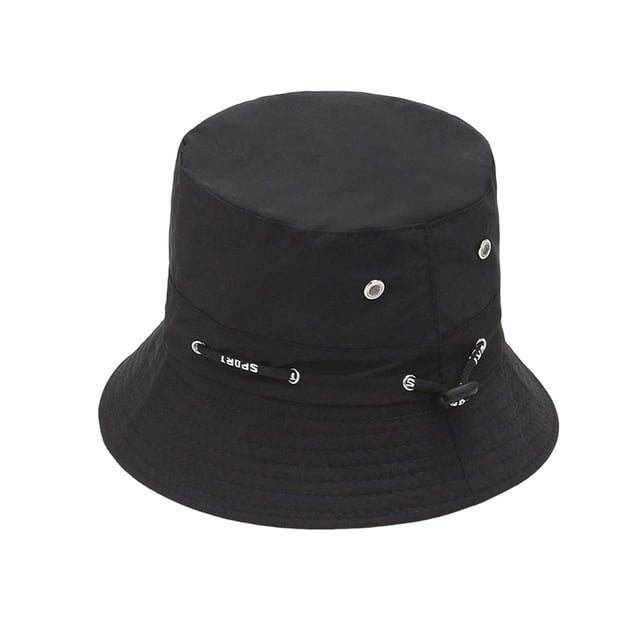 Sombrero tipo cubo ajustable con protección solar y cuerda, transpirable, estilo pescador. negro