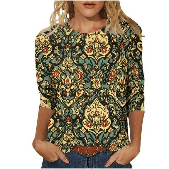 CYMMPU 3/4 Sleeve Blouses for Women Dressy Casual Spring Tops Floral Pattern Crew Neck Fall Fashion Shirts T-Shirts Loose Fit Lightweight Basic T-Shirts Multicolor XXXXXL