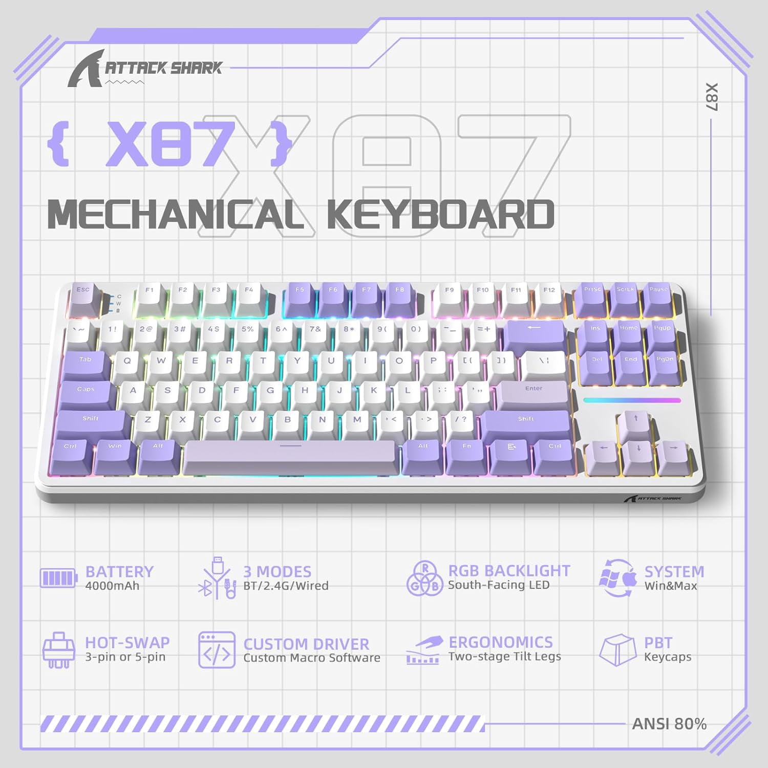ATTACK SHARK X87 80% Wireless Mechanical Keyboard, BT5.0/2.4G/USB-C Hot-Swap Gasket Gaming Keyboard,RGB Backlit, 4000mAh,Pre-lubed Linear Switch, Side Engraved Gradient PBT Keycap for PC/MAC