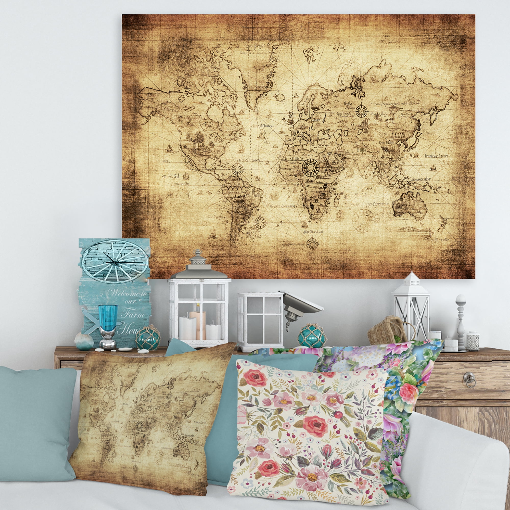 Designart ' Ancient World Map IV ' Vintage Canvas Wall Art Print