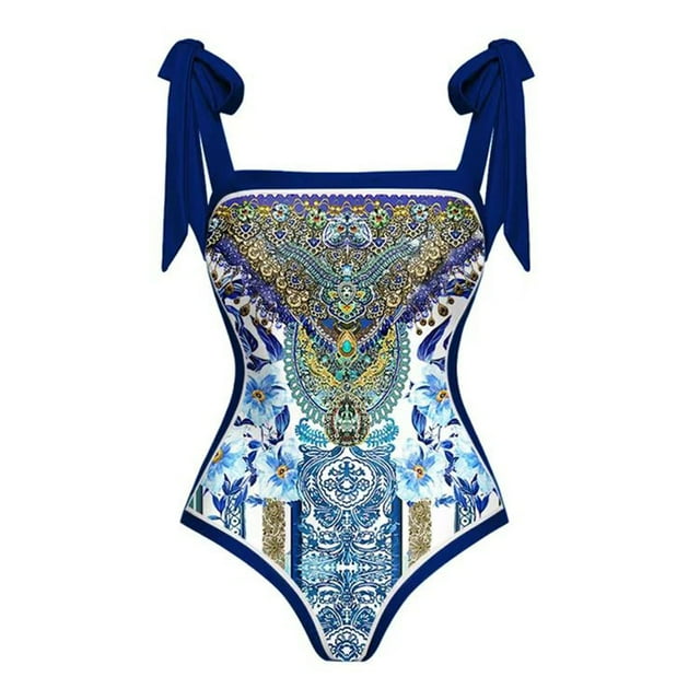 Aayomet Maillot de Bain une Pièce pour Femmes Col en V Profond Dos Croisé Bretelles Réglables, Bleu L