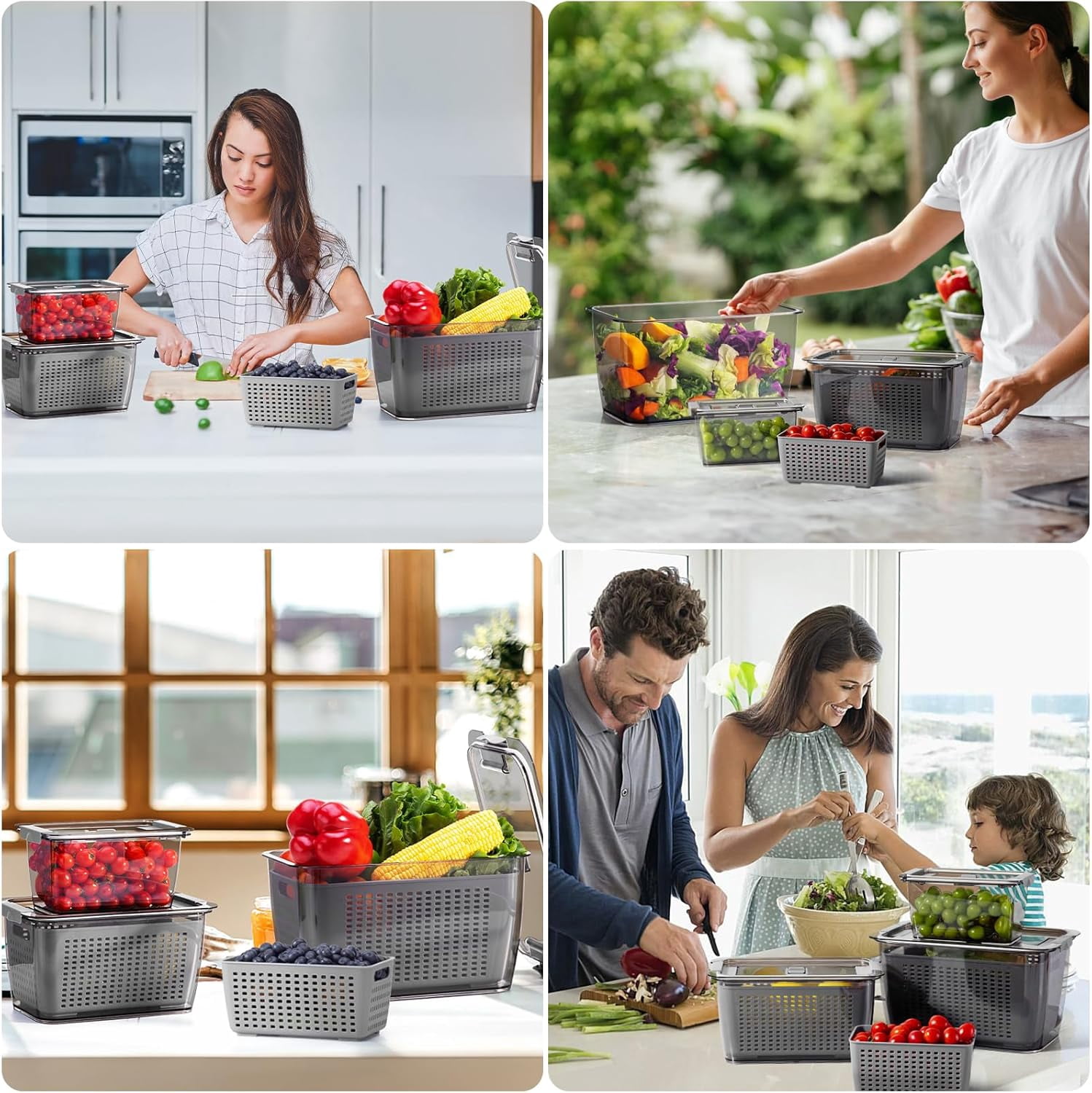 Fresh Container, 3PACK Produce Saver Container BPA Free Fridge Organizer for Vegetable Fruit and Salad Partitioned Food Storage Container with Vents Stay Fresh Containers Not Dishwashers Safe
