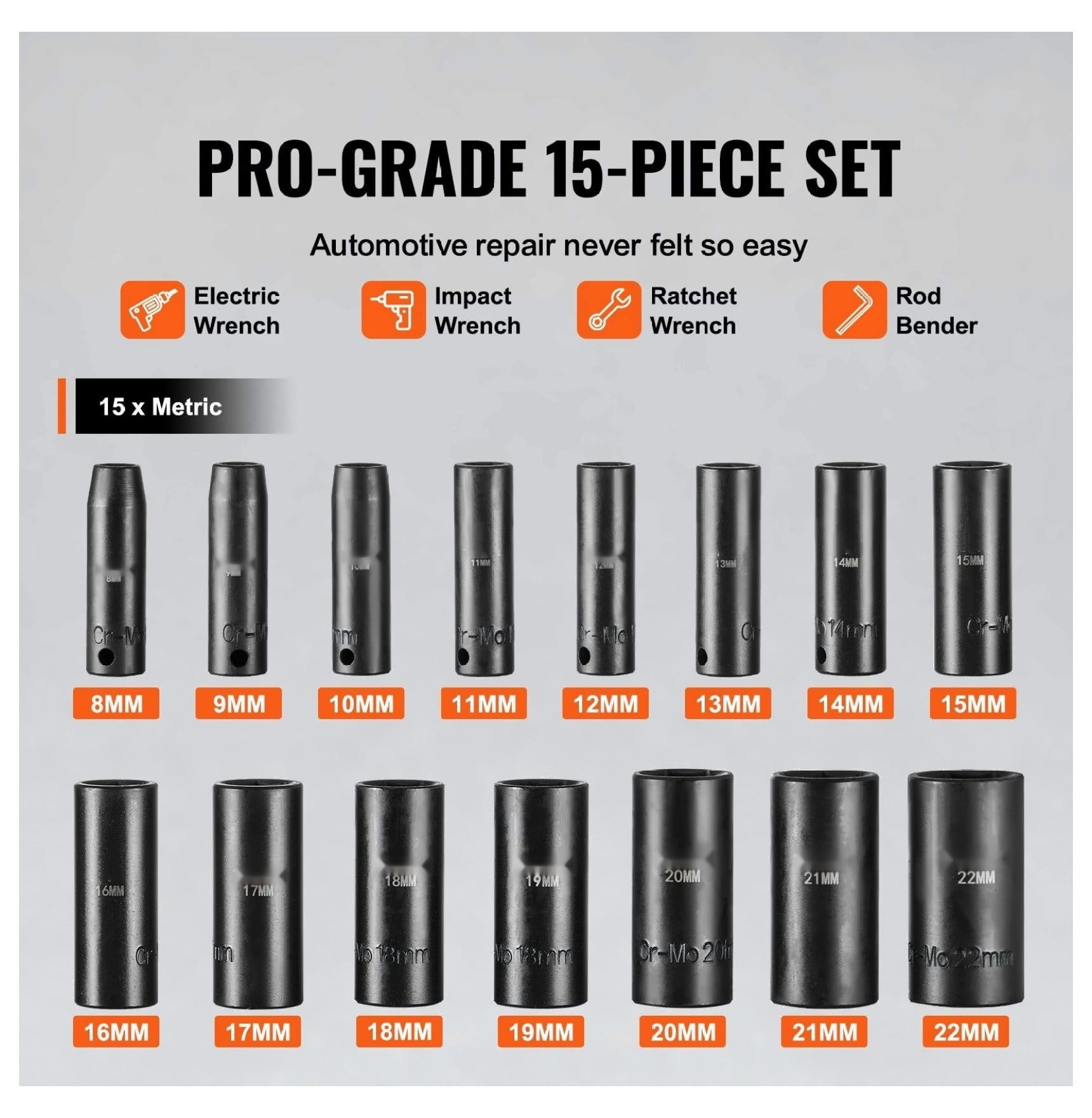 Impact Socket Set 15pcs 3/8 Drive - 6-Point Bit Ratchet Tool Kit - Automotive Repair - Cr-Mo Steel