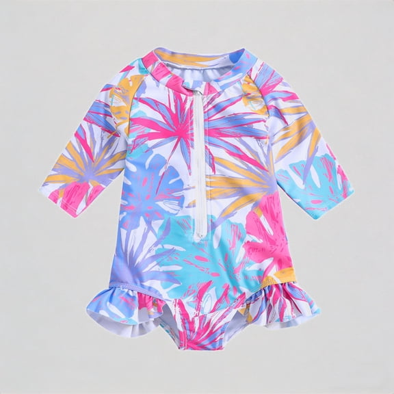 REDARER Toddler Girls One-Piece Swimsuit: Tropical Leaf Print, Long-Sleeve & Ruffled Trim – Stylish Summer Beach Bathing Swimwear,18-24 Months