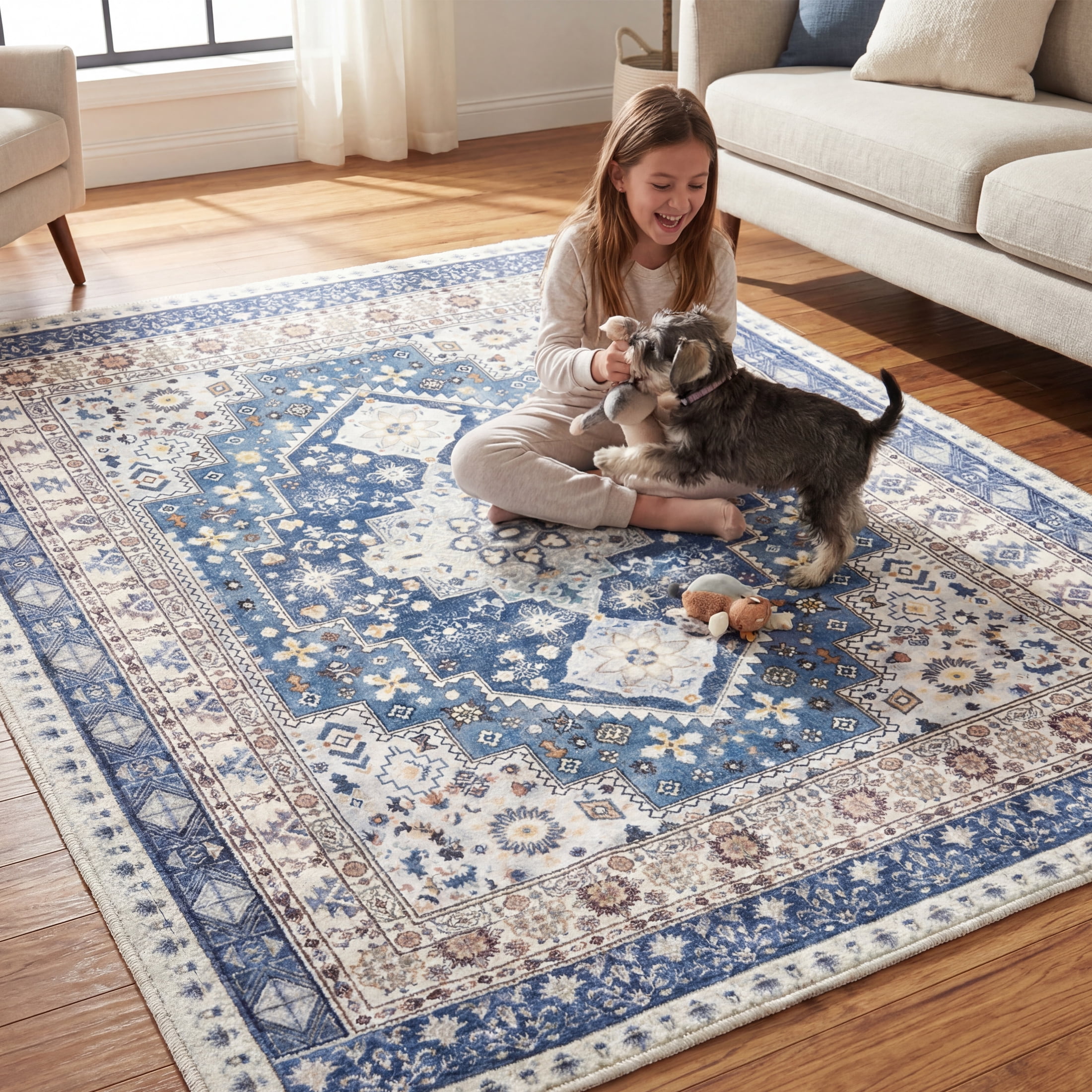 ARJINCUTE Vintage Distressed Bohemian Blue Large Area Rug 8' x 10' Non-Slip Washable Low Pile Floor Mat for Living Room, Family Room, Large Bedroom