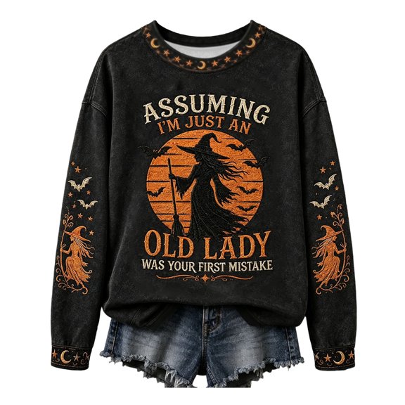Womens Oversized Crew Neck Halloween Sweatshirts Assuming I'm Just an Old Lady Was Your First Mistake letter Graphic Tops Fall Long Sleeve Loose Fit Tshirts Black4 XL