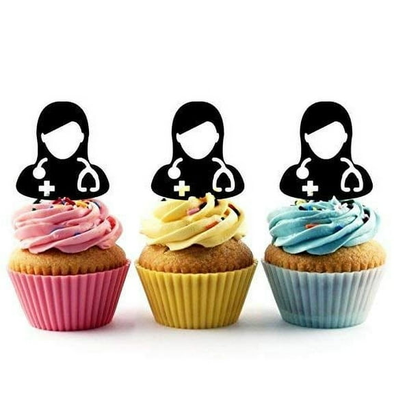 Female Doctor Physician Silhouette Acrylic Cupcake Toppers 12 pcs