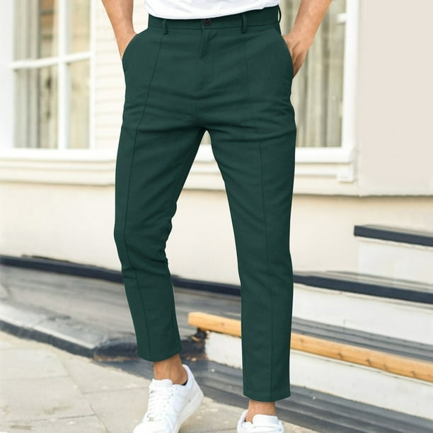 Pantalones largos para hombre, otoño e invierno, con doble pliegue, color liso, informales, para hombre