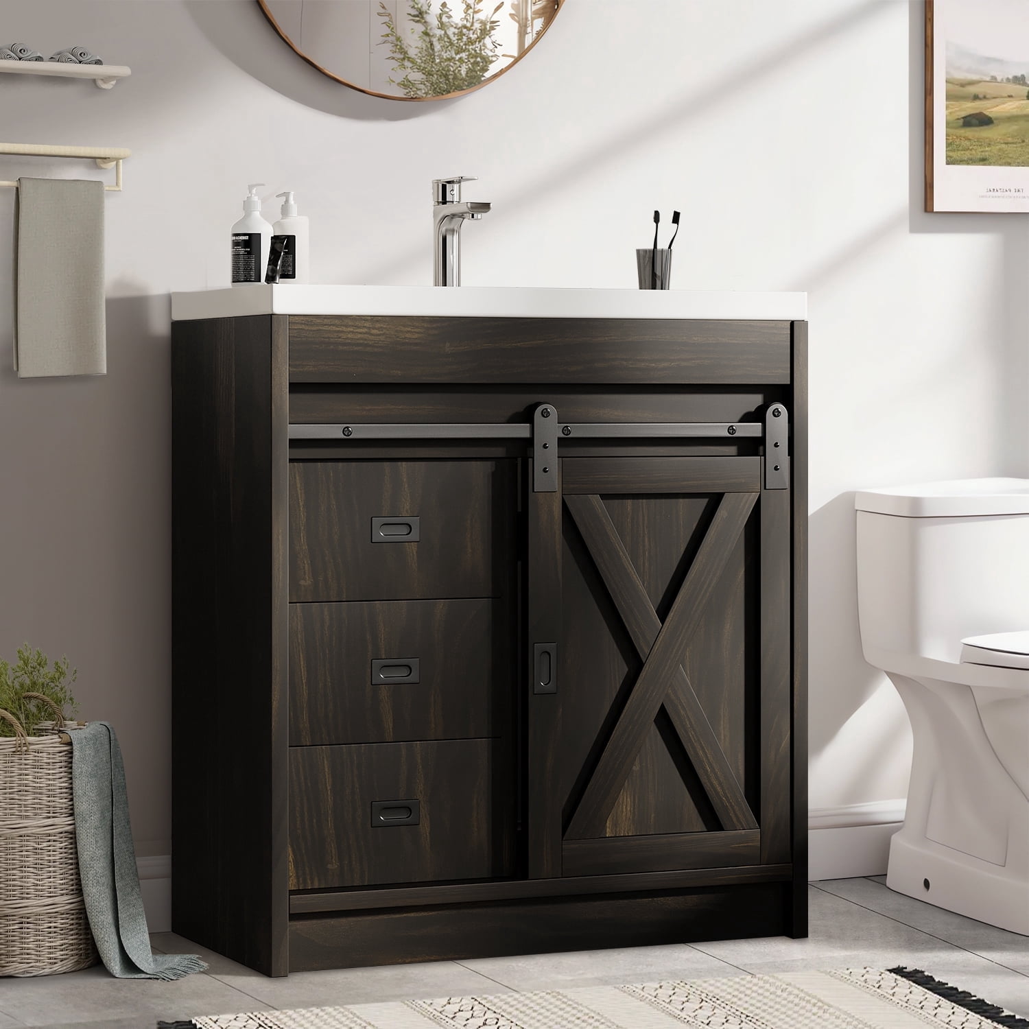 DreamCurship Bathroom Vanity with Sink Combo, White Bathroom Storage Cabinet with Drawers, Farmhouse Bathroom Vanity Cabinet with Sliding Barn Doors, Oak