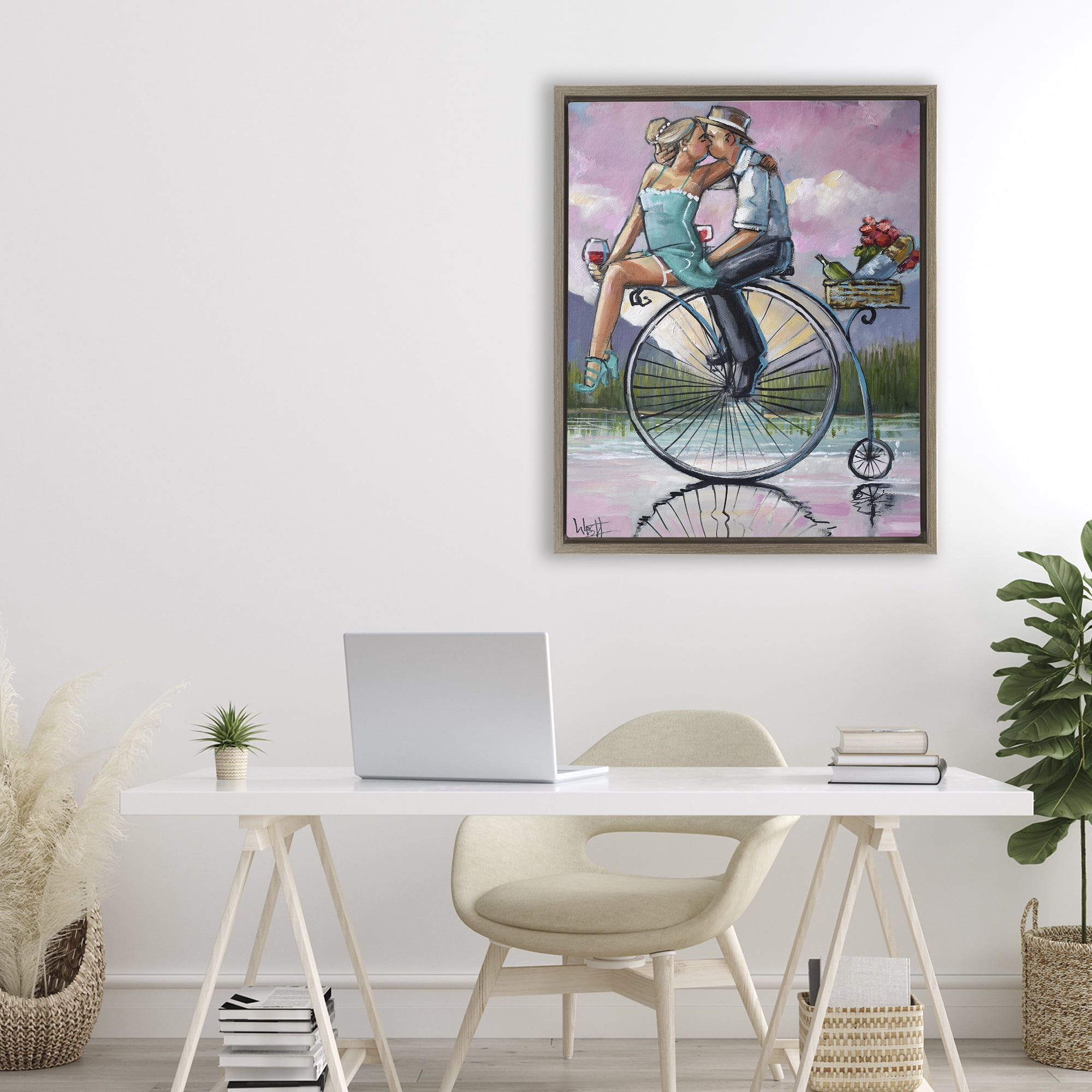 Stupell Industries Romantic Picnic on Bicycle Brown Framed Floater Canvas Wall Art, design by Ronald West