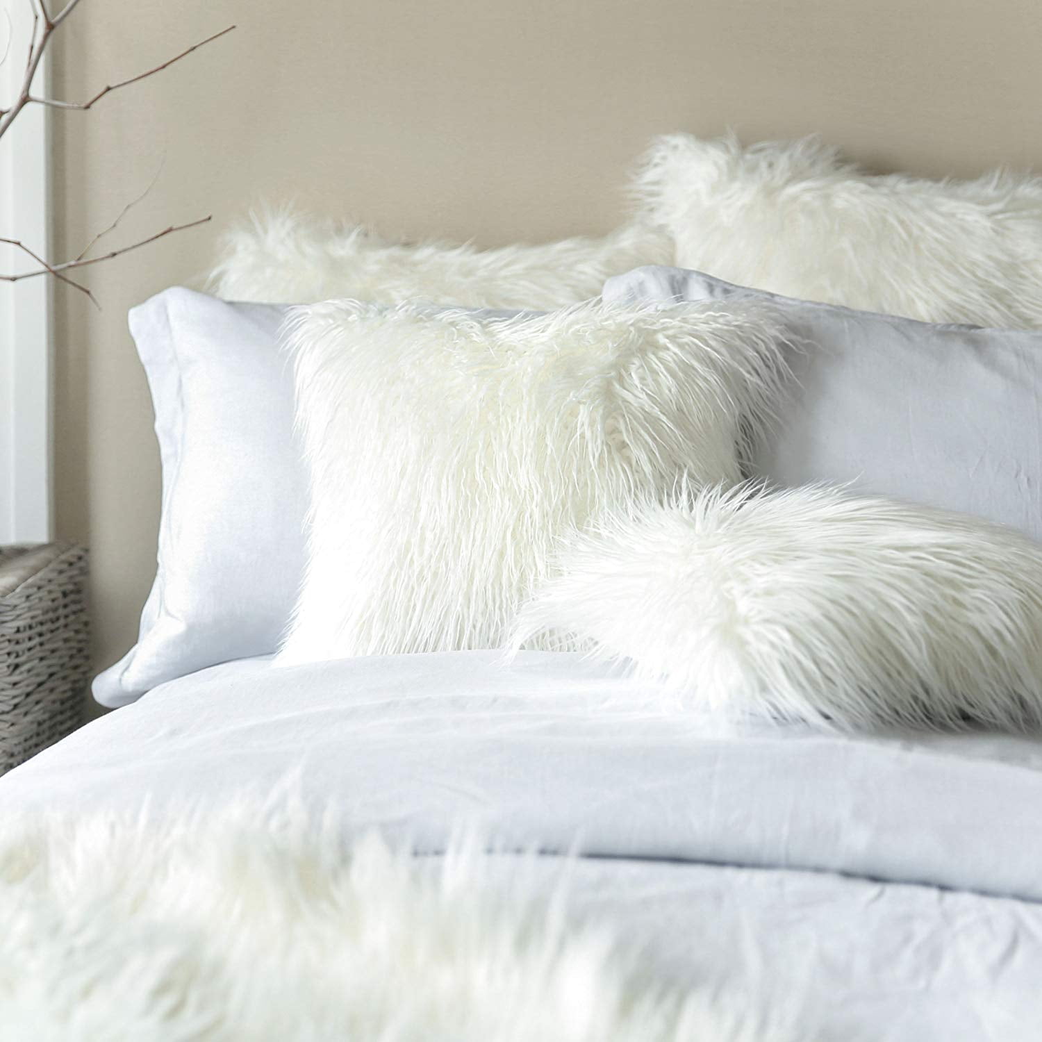 Phantoscope Merino Style Faux Fur Series Decorative Throw Pillow Bundle, 12" x 20"/18" x 18", White, 2 Pack