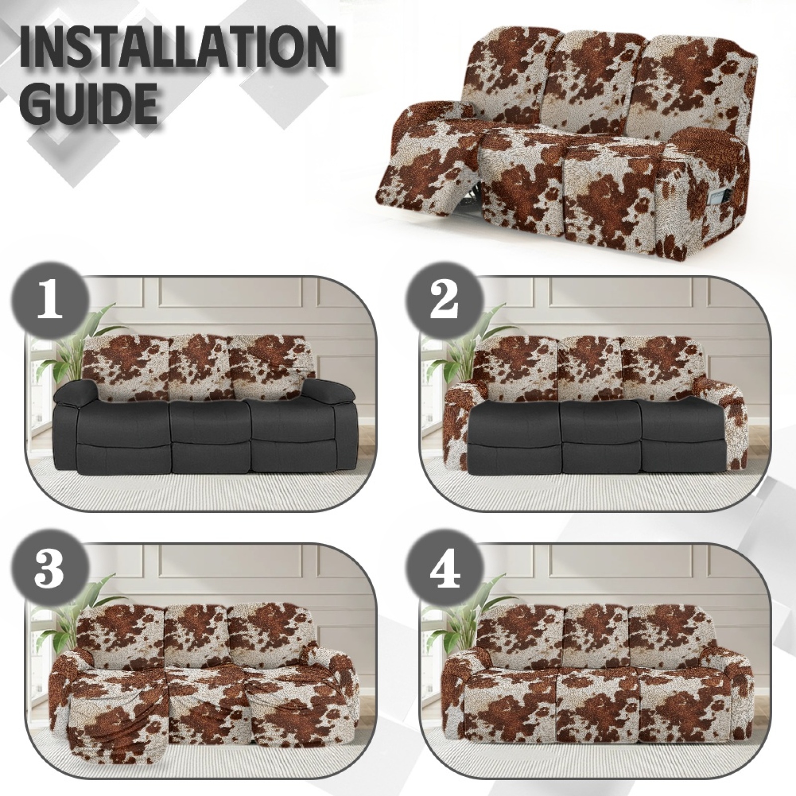 COEQINE Brown Cow Print Recliner Sofa Cover Polyester 3 Seater Reclining Chair Protector 8 Pieces Stretch Recliner Chair Cover Dog Couch Slipcover for Living Room Home Decor