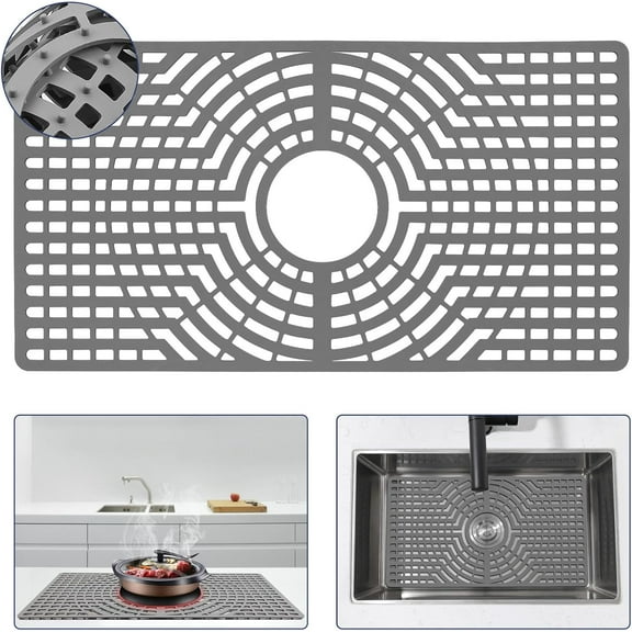 Silicone Sink Protector 30"x16" Rear Drain Hole, Heat Resistant Non-slip Dishwasher Suitable, Large Sink Mat for Bottom of Farmhouse Kitchen Stainless Steel Sinks (Grey)