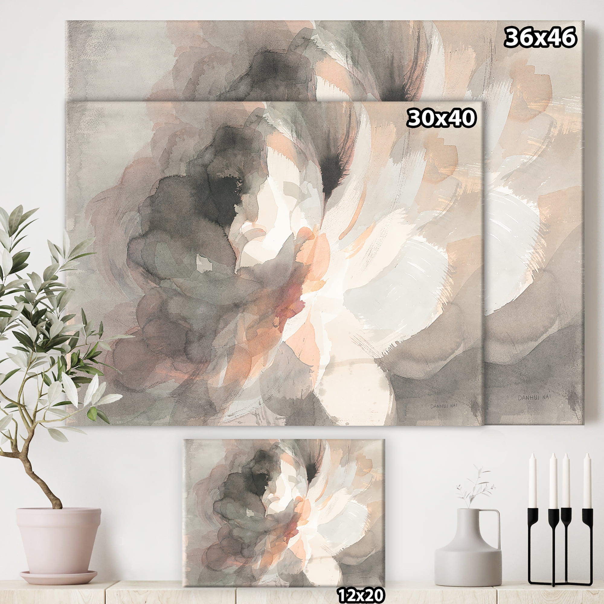 Designart 'Abstract Peony Grey' Pink Modern gallery-wrapped Canvas