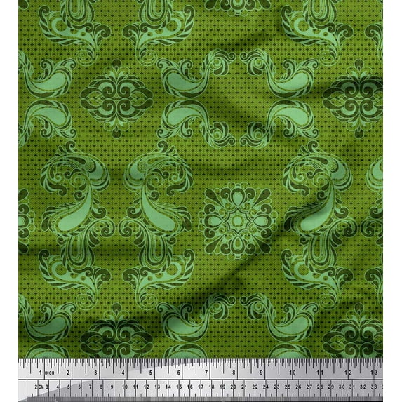 Soimoi Green Rayon Fabric Geometric & Paisley Damask Print Fabric by Yard 42 Inch Wide