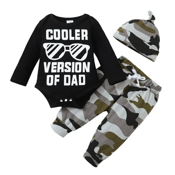 12 Months Baby Boys Clothes 18 Months Boys 3PCS Outfits Set Letter Glasses Print Infant Boys Long Sleeve Top Camo Pants Set with Hat Black