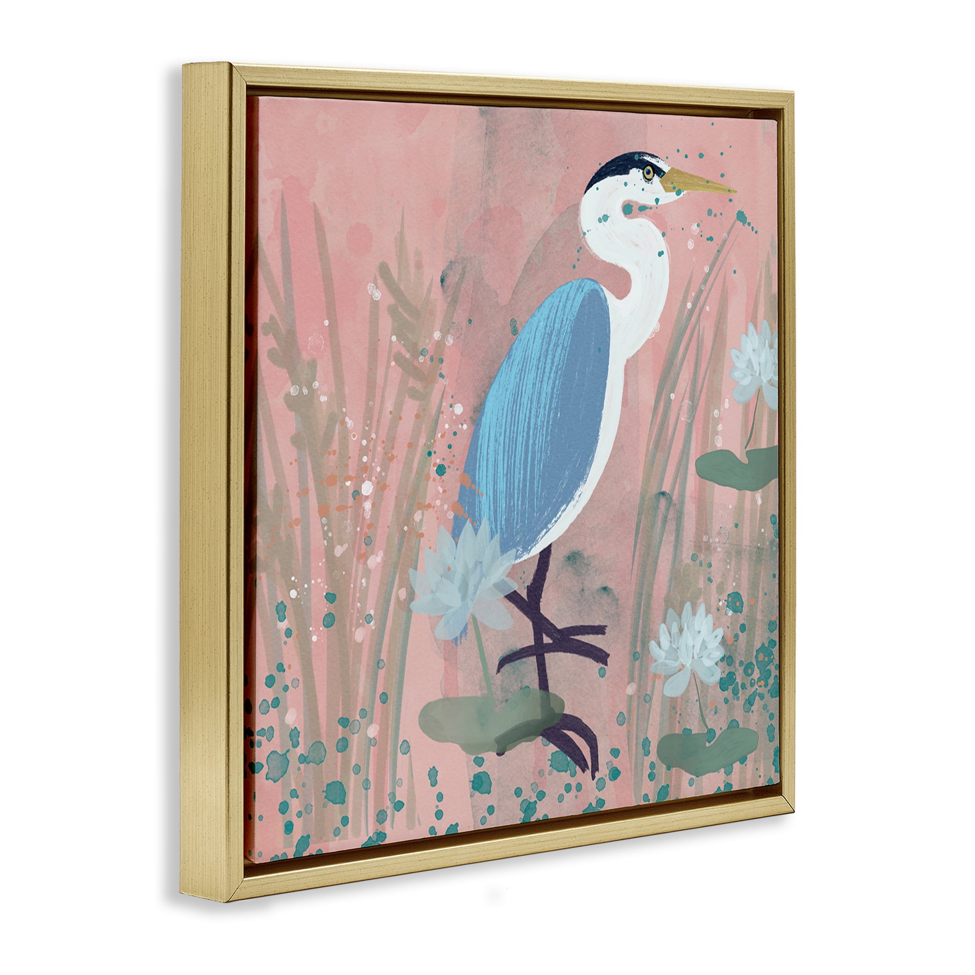 Stupell Industries Coastal Bird with Lotus Flowers Animals & Insects Painting Gold Floater Framed Canvas Art Print Wall Art, 25 x 25
