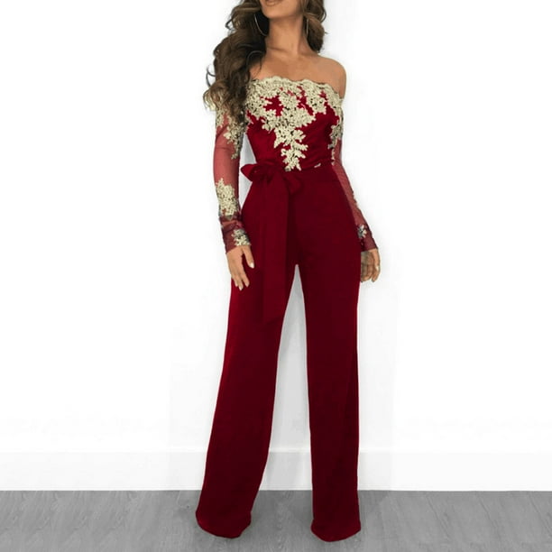 Wide Leg Pants for Women Women Ladies Casual Lace Off Shoulder Lace Up Jumpsuit  Playsuit Wide Leg Romper 