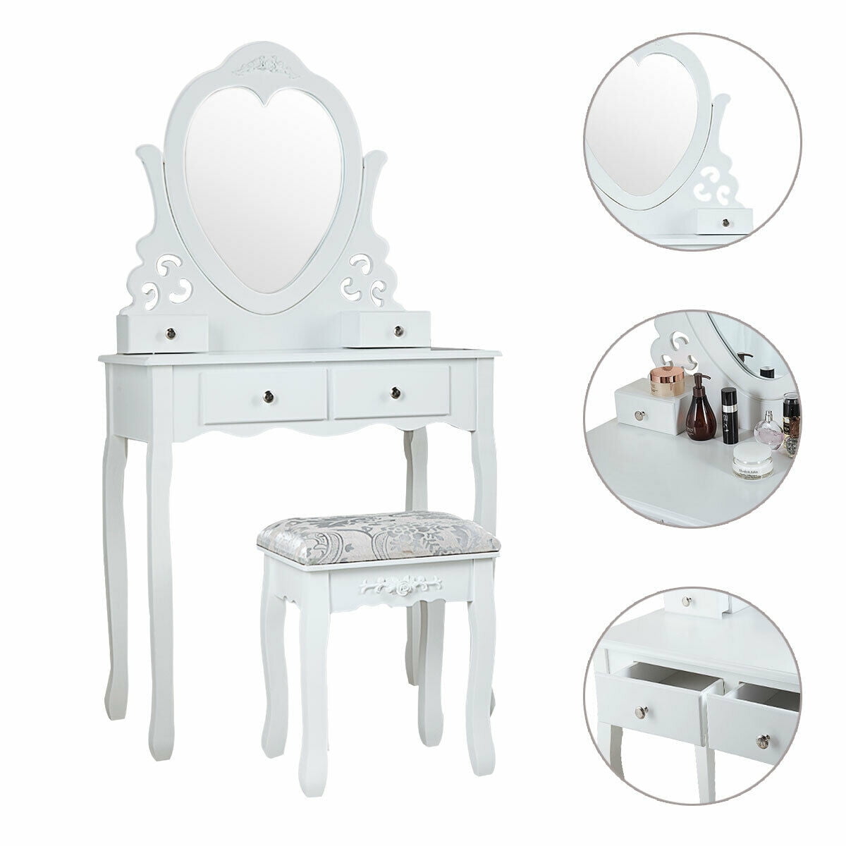 Lowestbest Makeup Vanity Set with Stool, Dressing Vanity Table Desk Set for Bedroom, Bathroom, Closet, Hallway, Makeup Table with Heart-Shaped Mirror and 4 Storage Drawers, White Lowestbest Makeup Vanity Set with Stool, Dressing Vanity Table Desk Set for Bedroom, Bathroom, Closet, Hallway, Makeup Table with Heart-Shaped Mirror and 4 Storage Drawers, White