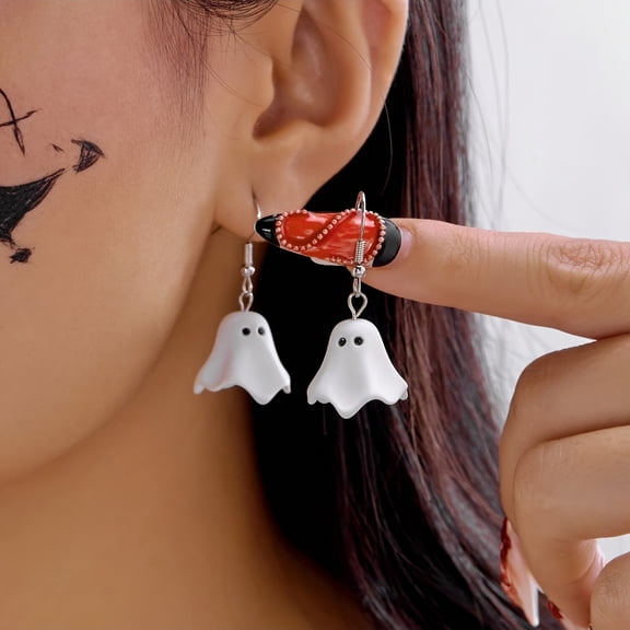 Halloween 3D Ghost Dangle Drop Earrings, Cute White Ghost Shape Hook Earrings, Spooky Halloween Party Cosplay Costume Jewelry Accessory