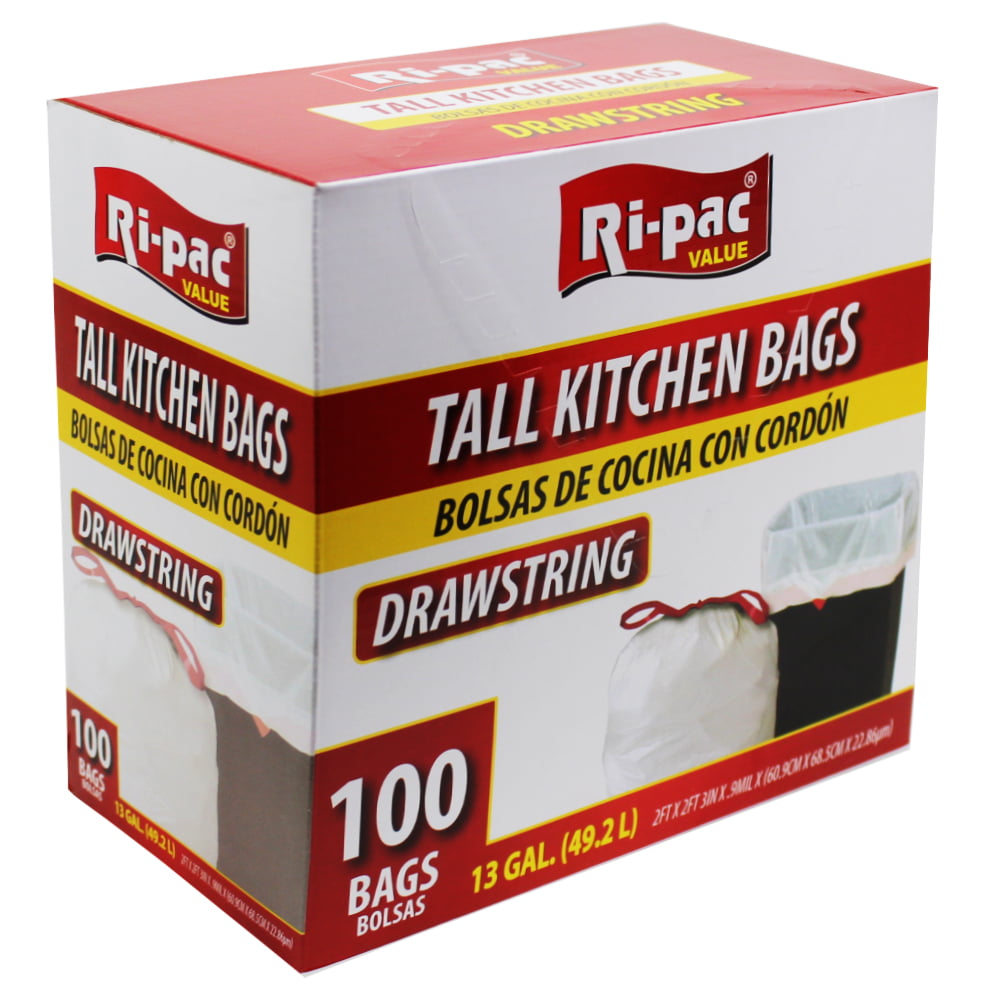 Pack of 100 Ri-pac Tall Durable Kitchen Bags with Drawstring 13 gal ...