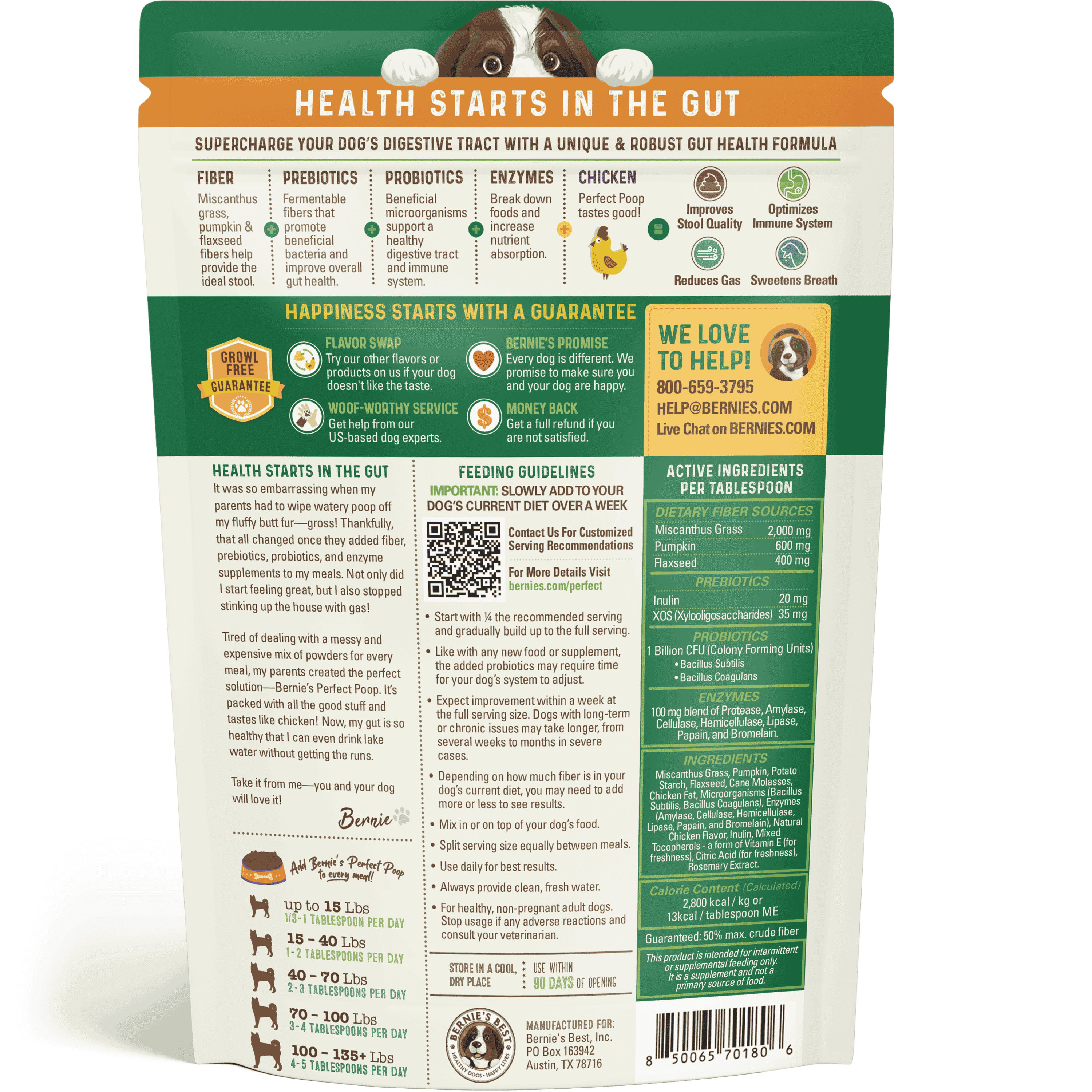 Bernie’s Perfect Poop Digestive Supplement for Dogs, 4.2 oz Chicken, 4-in-1 Formula with Prebiotics, Probiotics, Fiber & Enzymes