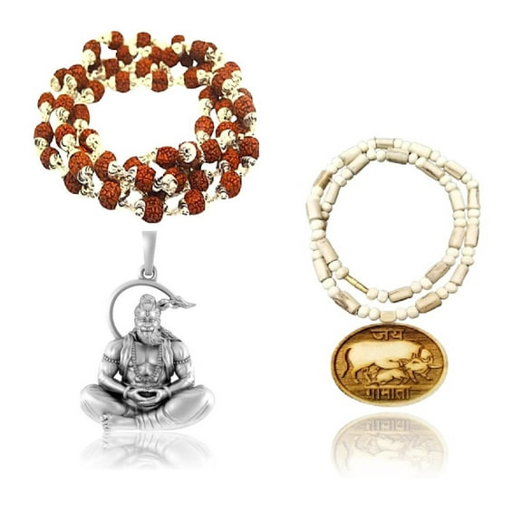 Kamada Combination of Shri Hanuman Rudraksha gold necklace mala and Tulsi (basil) mala,Spritual Pendant Necklace for Women and Men