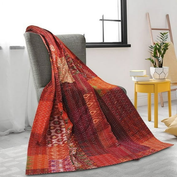 Vinsan Home Indian Handmade Kantha Quilted Vintage Kantha Silk Quilt Boho Indian Patchwork Coverlet Throw Bedspread Blanket Bedcover Bedding Home Decorative Gudri Red Color Queen Size 90" x 108"