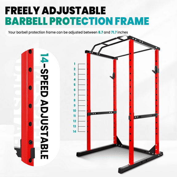Black Red 1.8mm Steel Power Cage Power Rack Squat Rack - 1200lbs Capacity, 14-Position Adjust for Bench Press/Squat/Pull-Up - Home Gym, Commercial Studio, Fitness Club