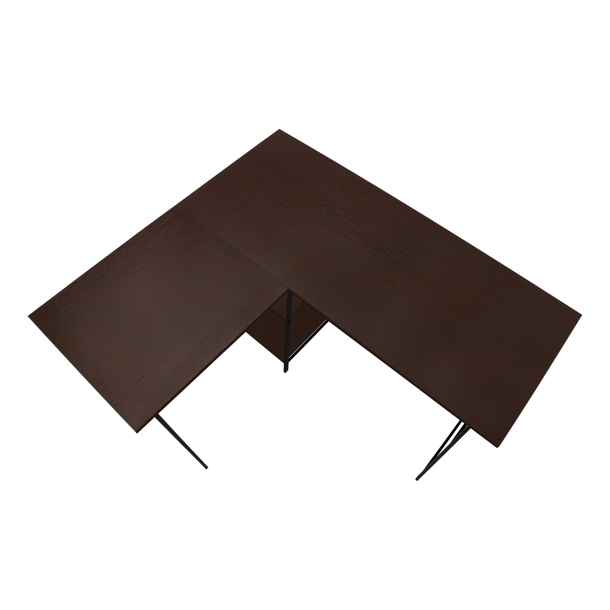 48 Inch L Shaped Espresso Brown Computer Desk with Black Sawhorse Legs and Shelves