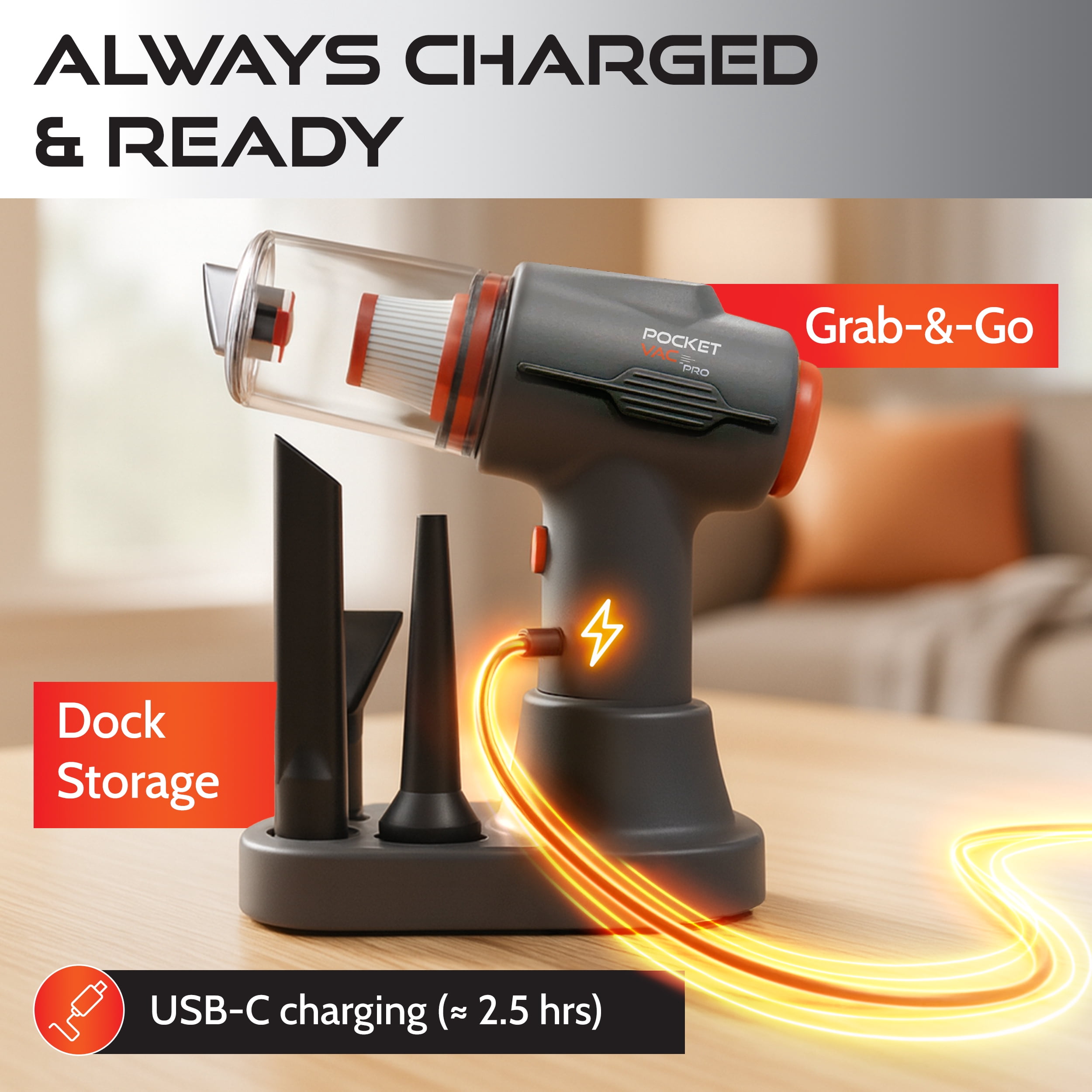 Pocket Vac Pro Cordless Handheld Vacuum , Blower with 3ft Telescoping Wand, USB Rechargeable