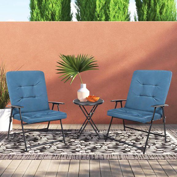 3 Pieces Patio Bistro Set, Outdoor Furniture, Conversation Set with 2 Folding Padded Chairs & Glass Coffee Table for Yard Backyard Lawn Porch Poolside Balcony (Dark Blue)