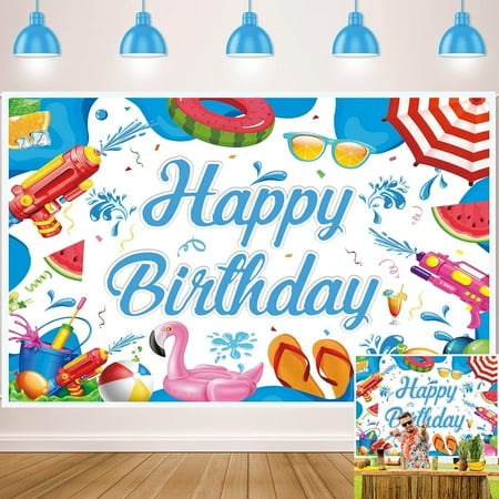 Summer Pool Party Backdrop for Happy Birthday Children Summer Photography Background Candy Swimming Pool Balls Water Gun Flamingo Birthday Cake Table Decorations Banner