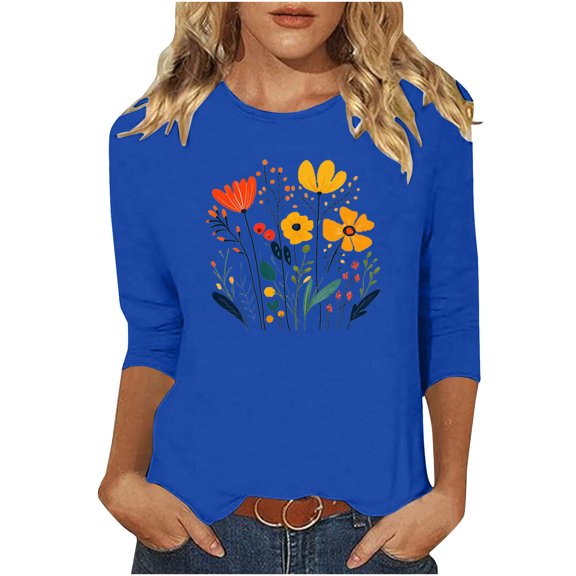 Ruimatai Women's Easter Printed 3/4 Sleeve T-Shirt Round Neck Loose Fit Casual Comfortable Soft Lightweight Blouse Top for Daily Wear