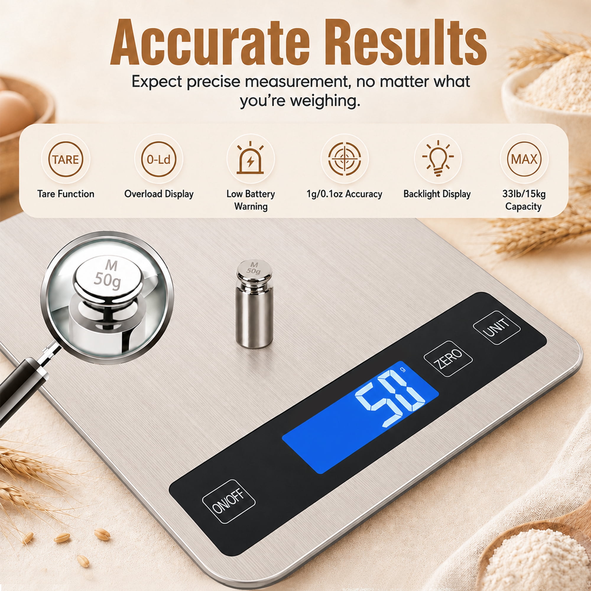 ZOWWKLLY Digital Food Kitchen Scale, Gram Scale 1g/0.1oz Accuracy, 15kg/33lb Stainless Steel with 5 Units, Tare Function& LCD Display, USB Rechargeable & Battery Powered, for Coffee, Baking, Cooking