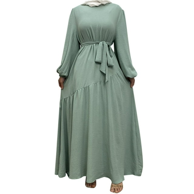 asddcavvf Robes pour Femmes Femmes Moyen Dubai Musulman Ample Couleur Unie Col Rond Ceinture à Empiècements Fermeture Éclair