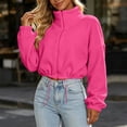 thumbnail image 6 of XRoczxe Women Stand Collar Full Zip Fleece Cropped Jacket Drawstring Hem Drop Shoulder Long Sleeve Casual Warm Polar Fleece Outerwear Multiple Solid Colors Hot Pink, 6 of 6