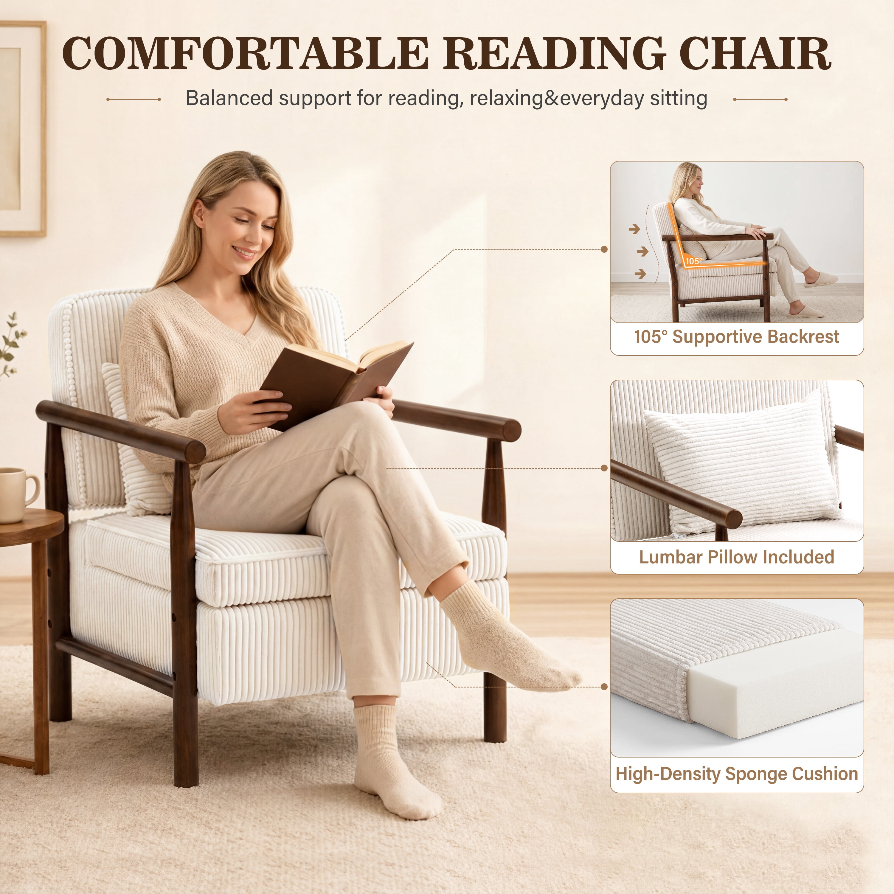Accent Chair with Hidden Storage, LEGAHOME Antique White Modern Arm Chair for Living Room, Comfy Corduroy Reading Armchair for Bedroom, with Solid Wood Leg for 250lbs Weight Capacity