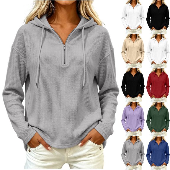 Ovafbau Women Long Sleeve Hooded Jacket,Womens Solid Hooded Drawstring Zip Long Sleeve Jacket Casual,Fall Winter Outerwear Coat