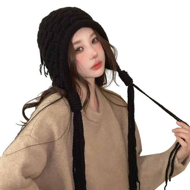 CSChome Knitted Hat Women Winter Hat Long Tassel Thickened Knitted Elastic Slip Soft Ear Protection Solid Color Breathable Windproof Decorative
